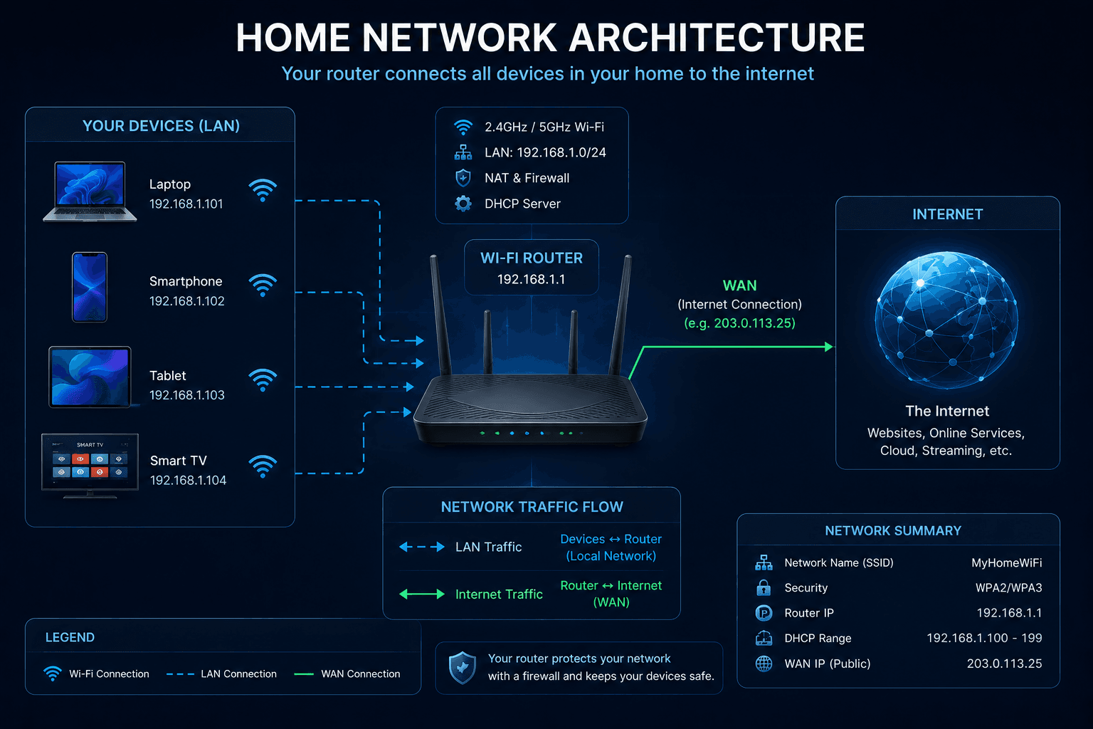 Home network showing router connecting devices to the internet