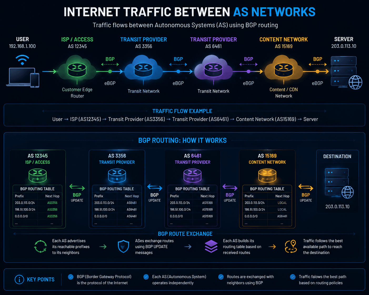 Traffic flowing between autonomous systems using BGP routing