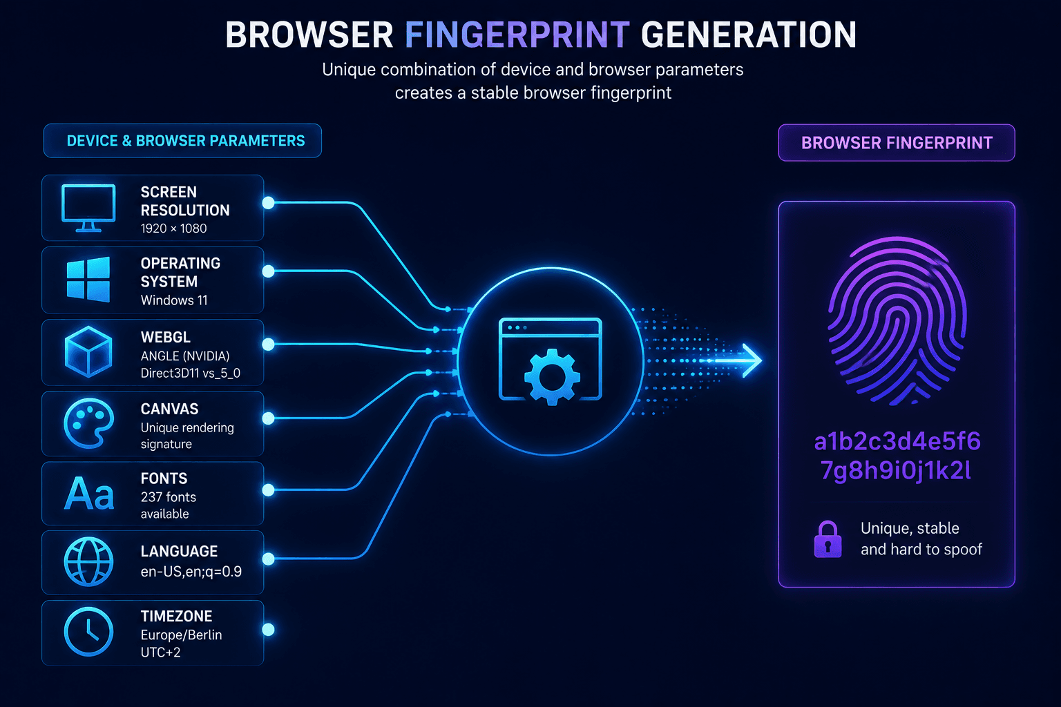 Browser fingerprint generated from device and browser parameters