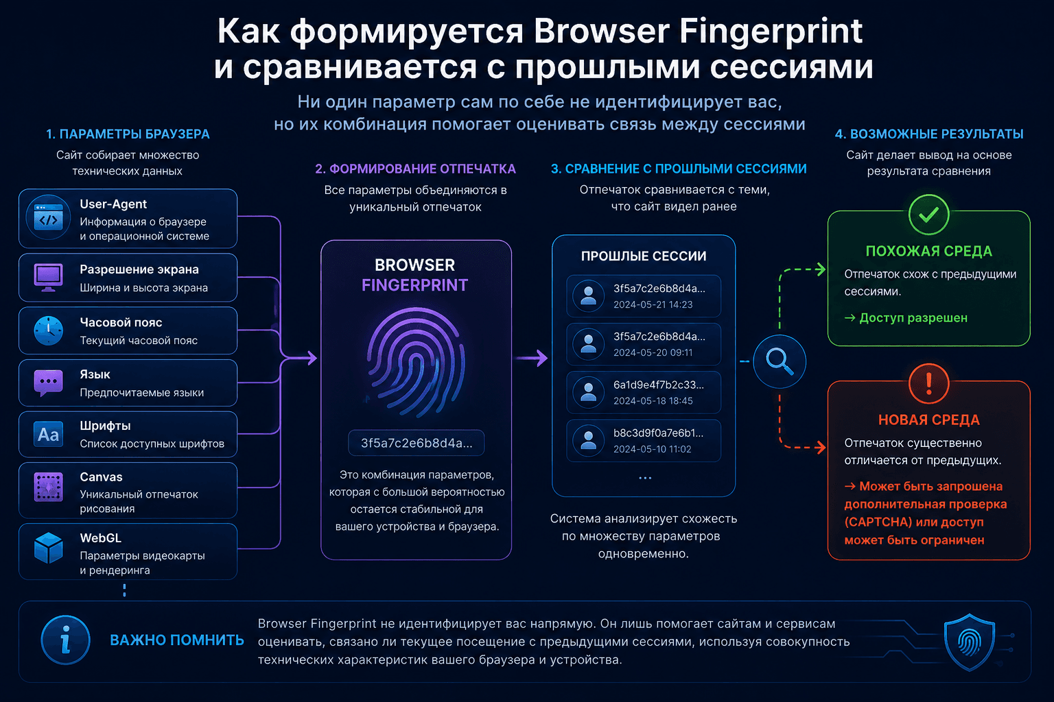 Как Browser Fingerprint формируется и используется для сравнения с предыдущими сессиями