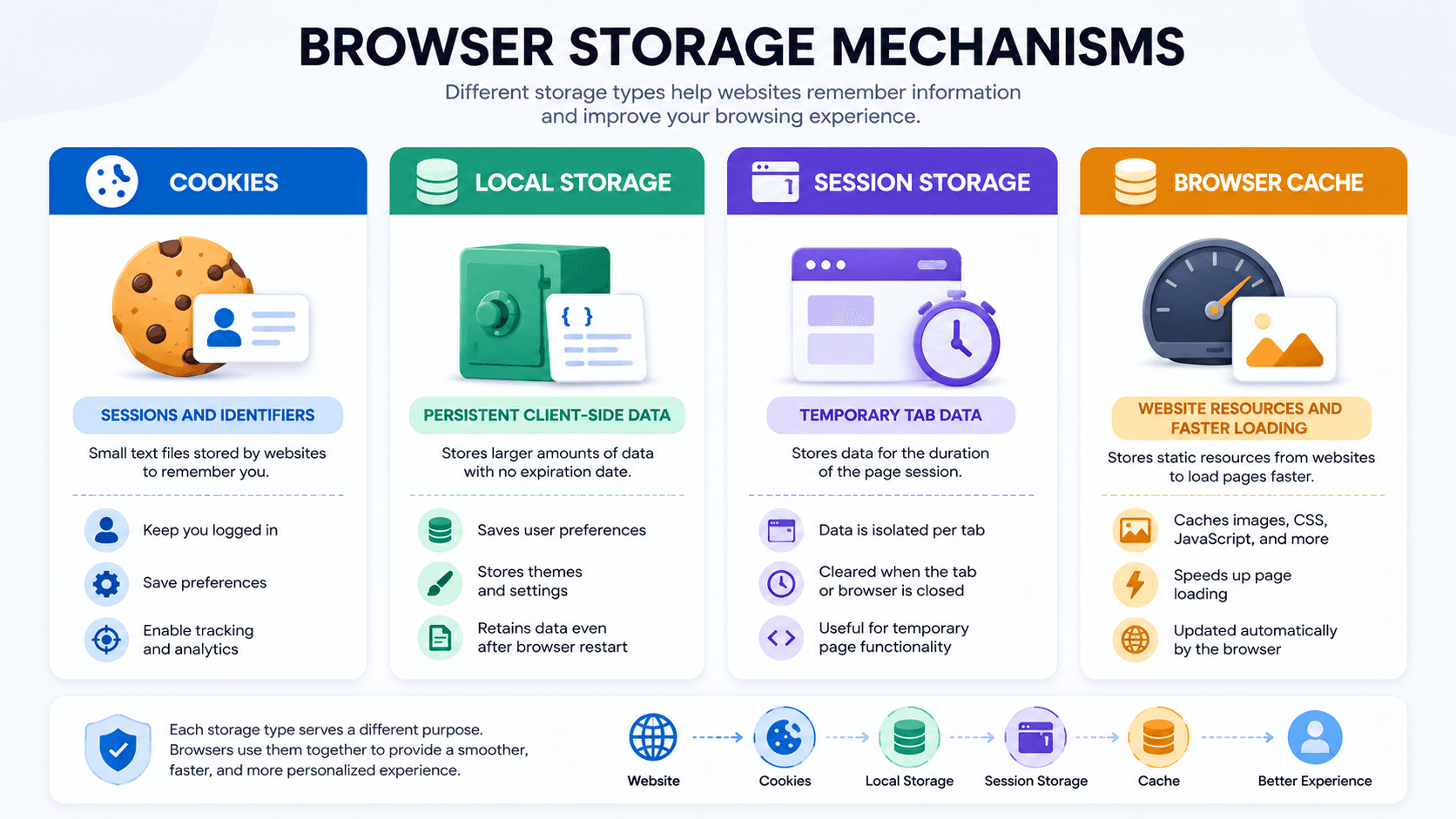 Four browser storage mechanisms and their main purposes