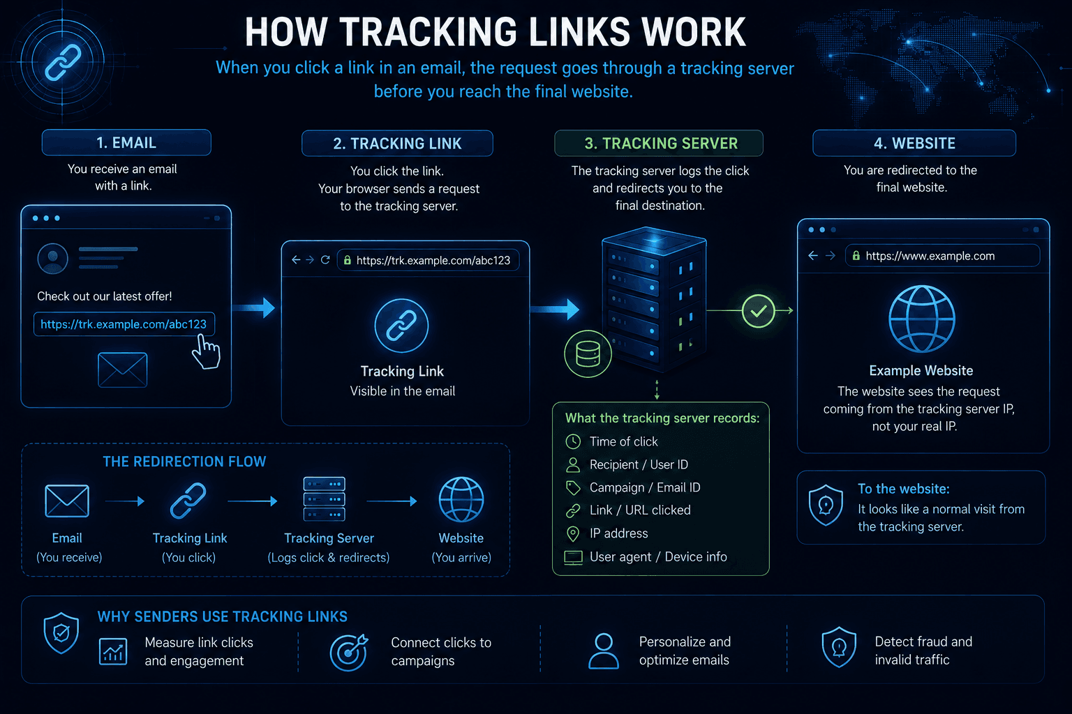 Email tracking link redirecting through a tracking server