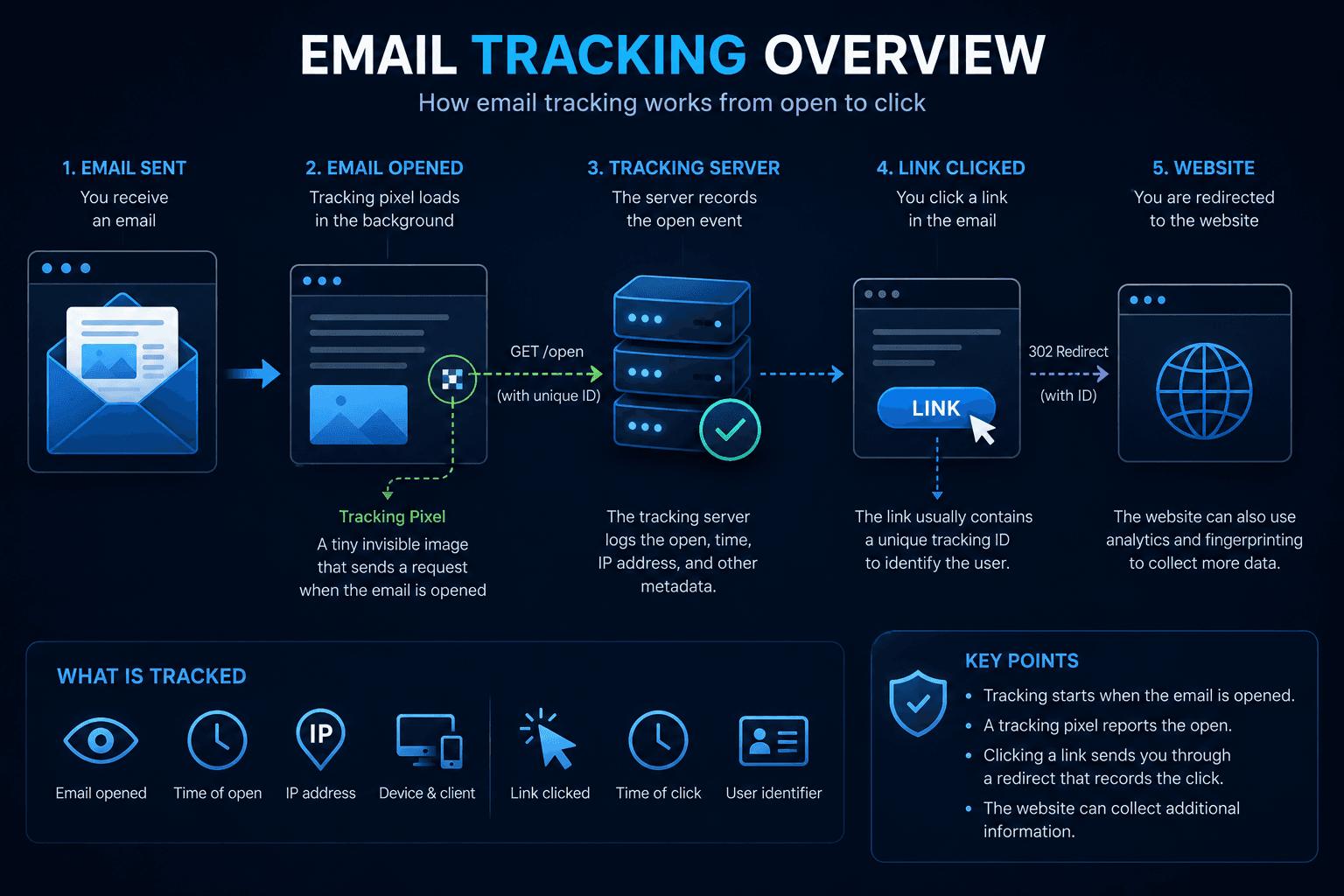 Email tracking workflow from email to tracking server and website