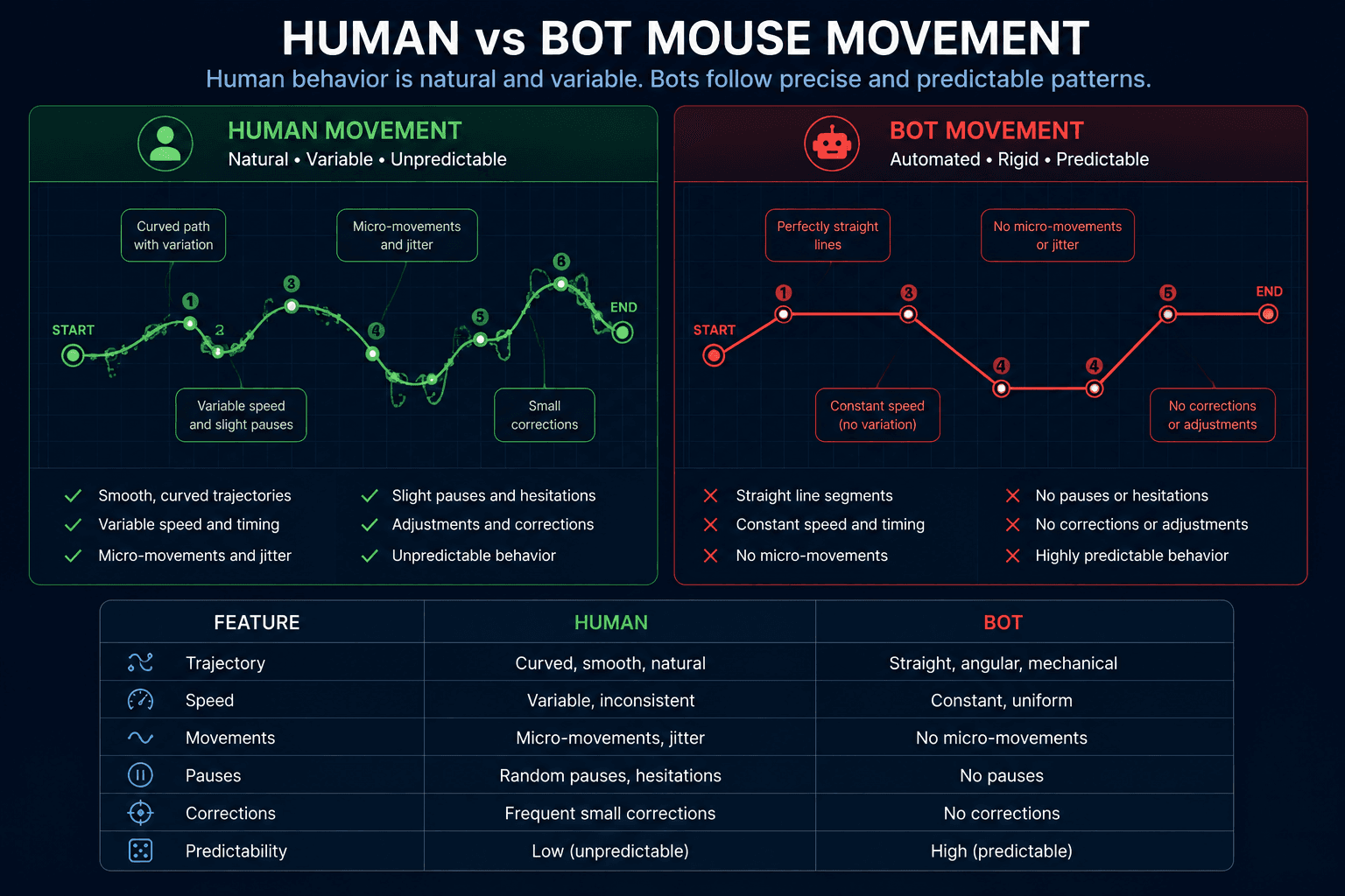 Comparison of human mouse movement and automated bot cursor behavior