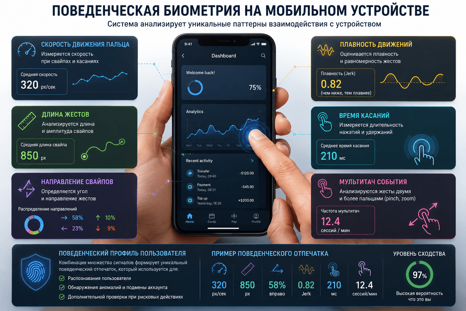 Behavioral biometrics analyzing swipes gestures and touch interactions on a smartphone