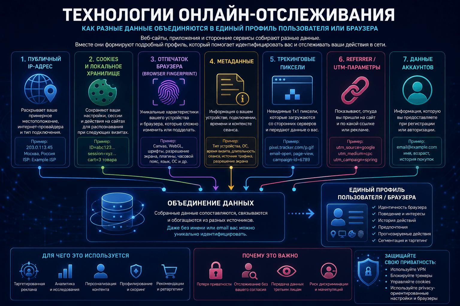 Основные технологии онлайн-отслеживания, объединенные в общий профиль пользователя или браузера