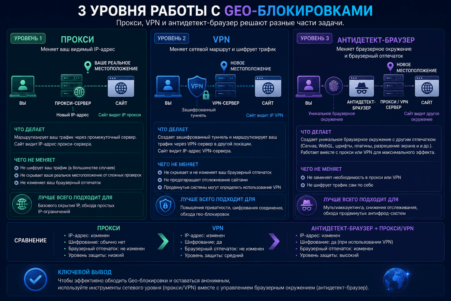 Три уровня работы с Geo-blocking: Proxy, VPN и антидетект-браузер