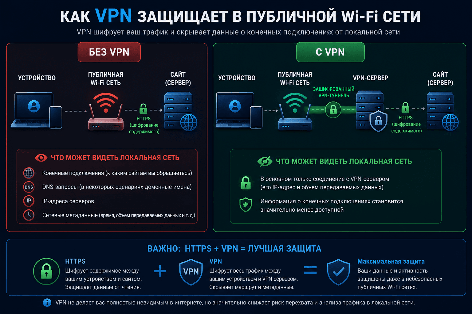 Сравнение подключения к сайту без VPN и через VPN в публичной Wi-Fi сети