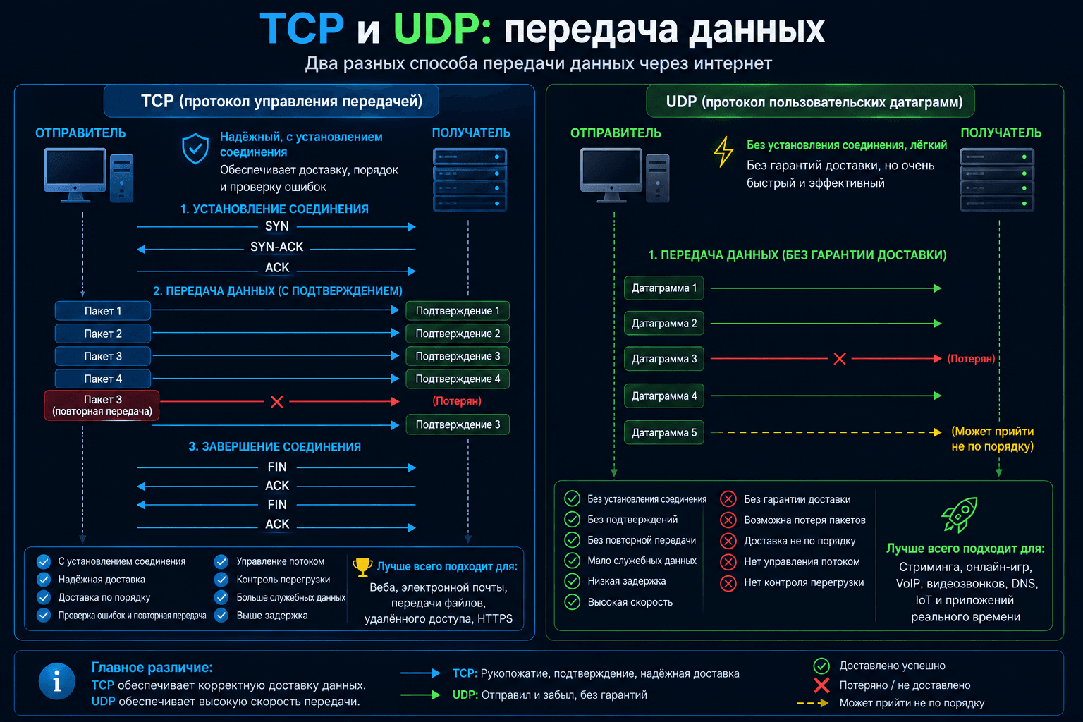 Сравнение передачи данных по протоколам TCP и UDP