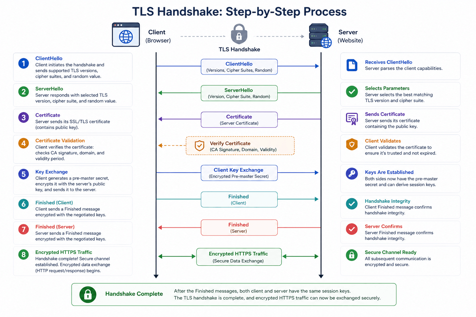 TLS Handshake process from ClientHello to encrypted HTTPS traffic