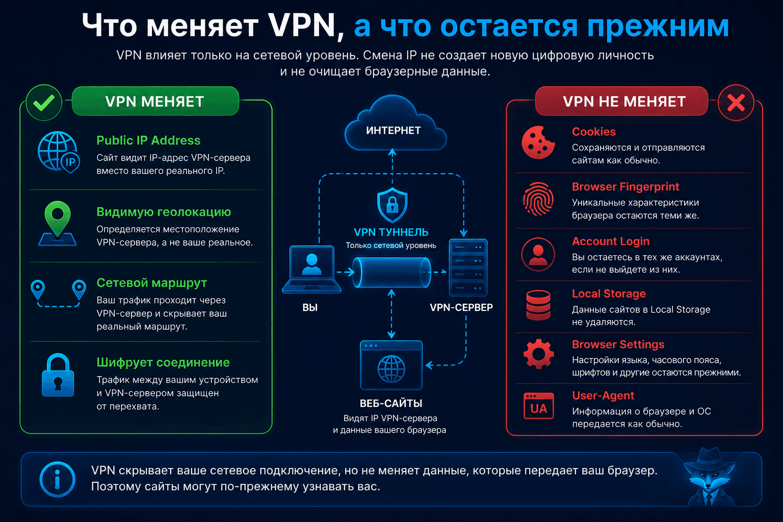 Что меняет VPN и какие браузерные данные остаются прежними