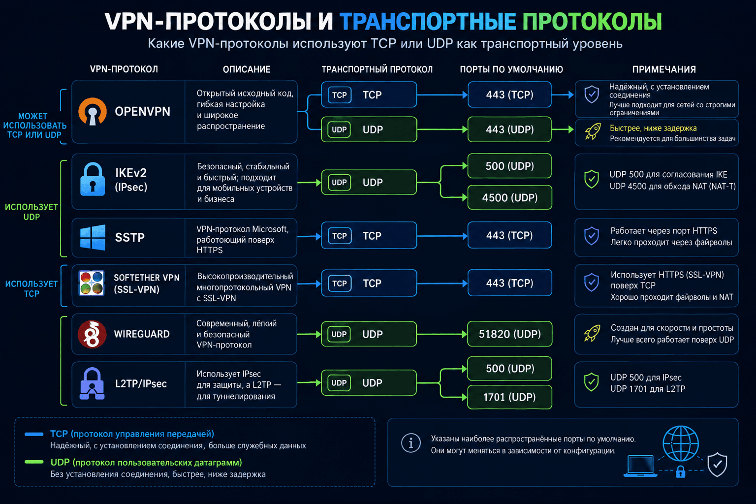 VPN-протоколы, использующие транспортные уровни TCP или UDP
