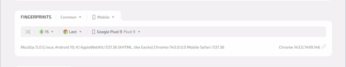 Android mobile browser profile with mobile user agent and device parameters