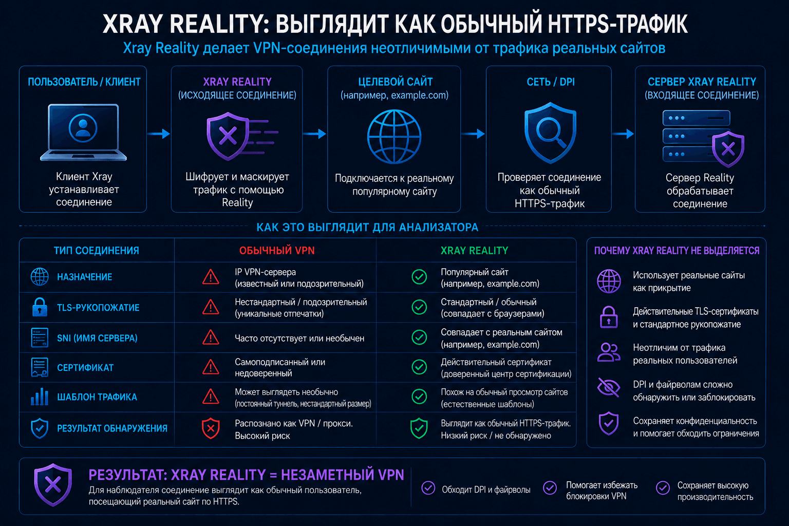 Как трафик Xray с REALITY может выглядеть для системы анализа TLS