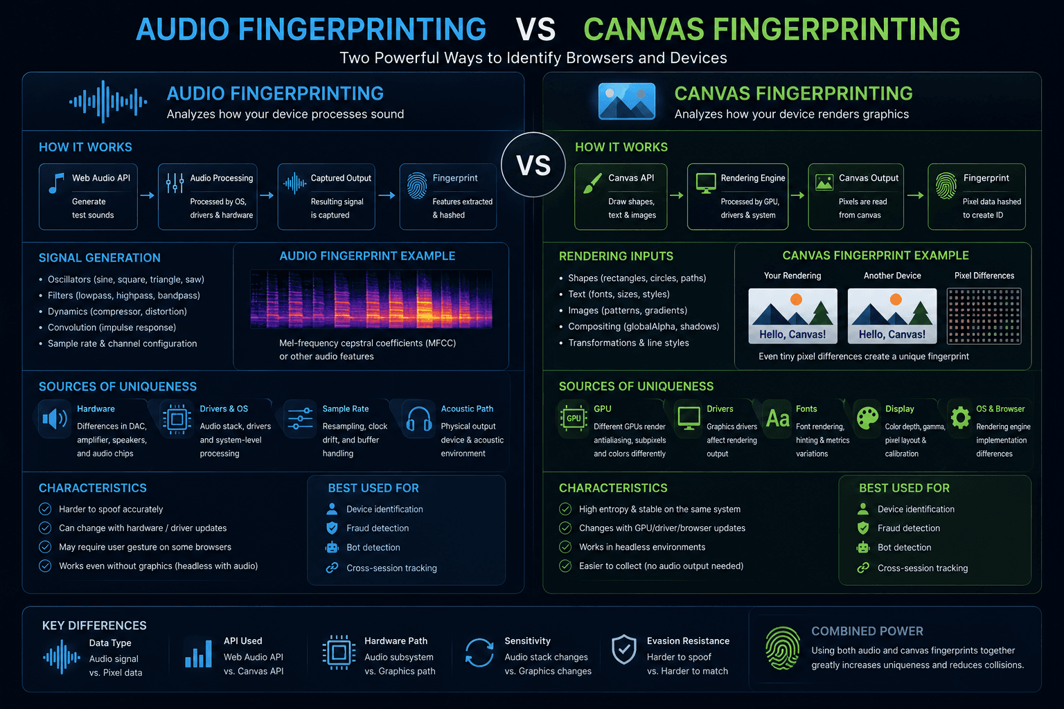 Comparison between Audio Fingerprinting and Canvas Fingerprinting