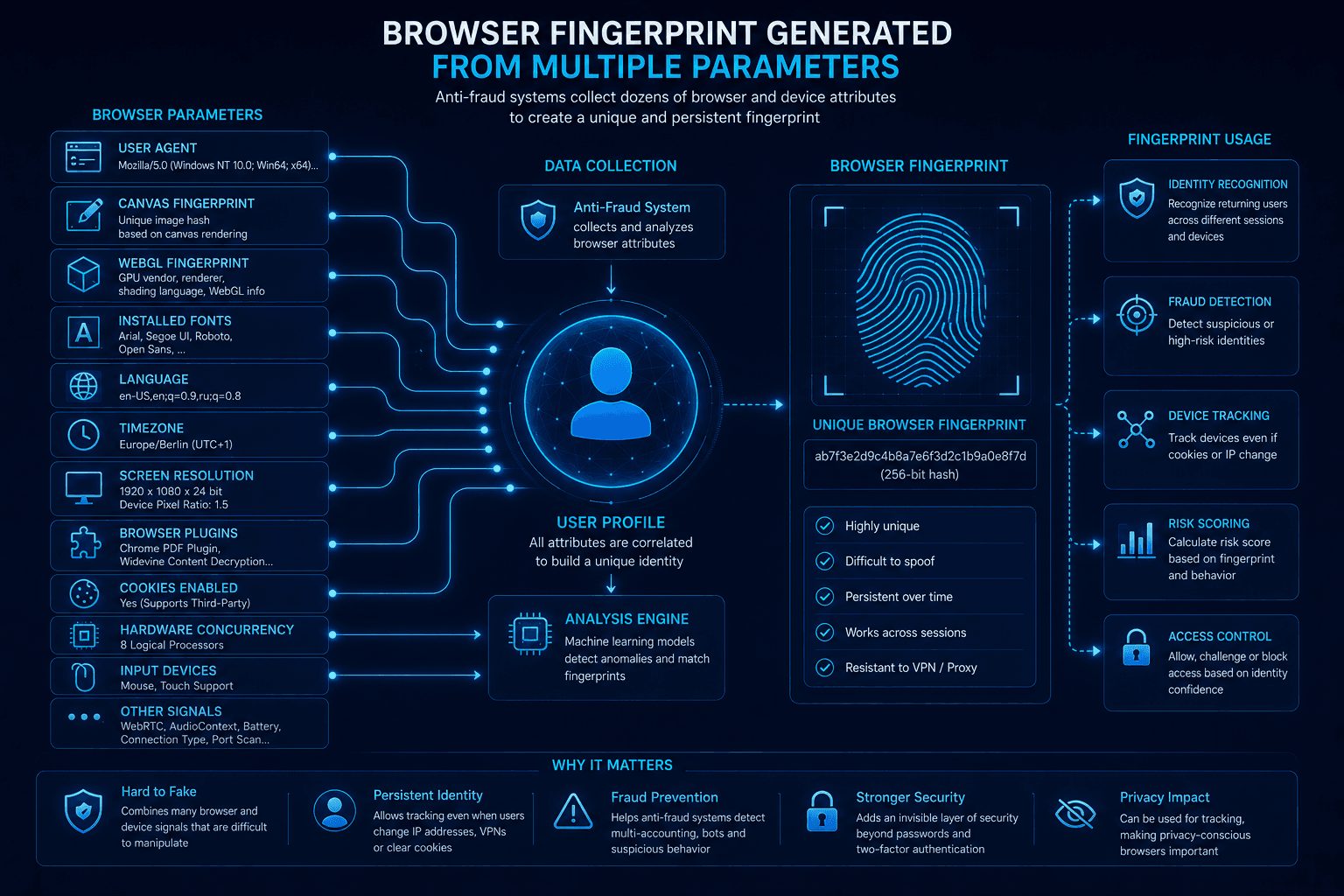 Browser fingerprint created from multiple browser characteristics