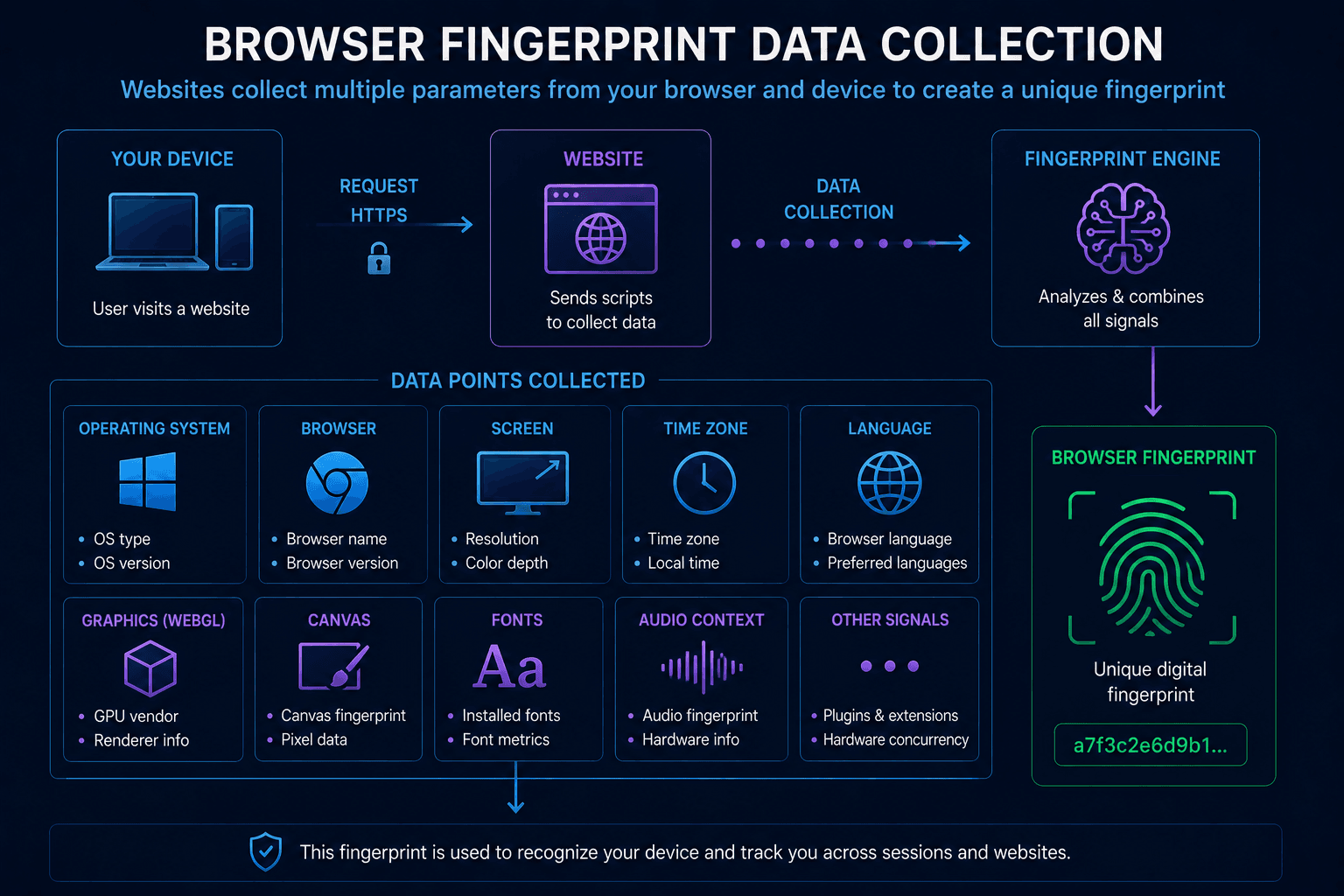 Website collecting browser fingerprint data from device parameters