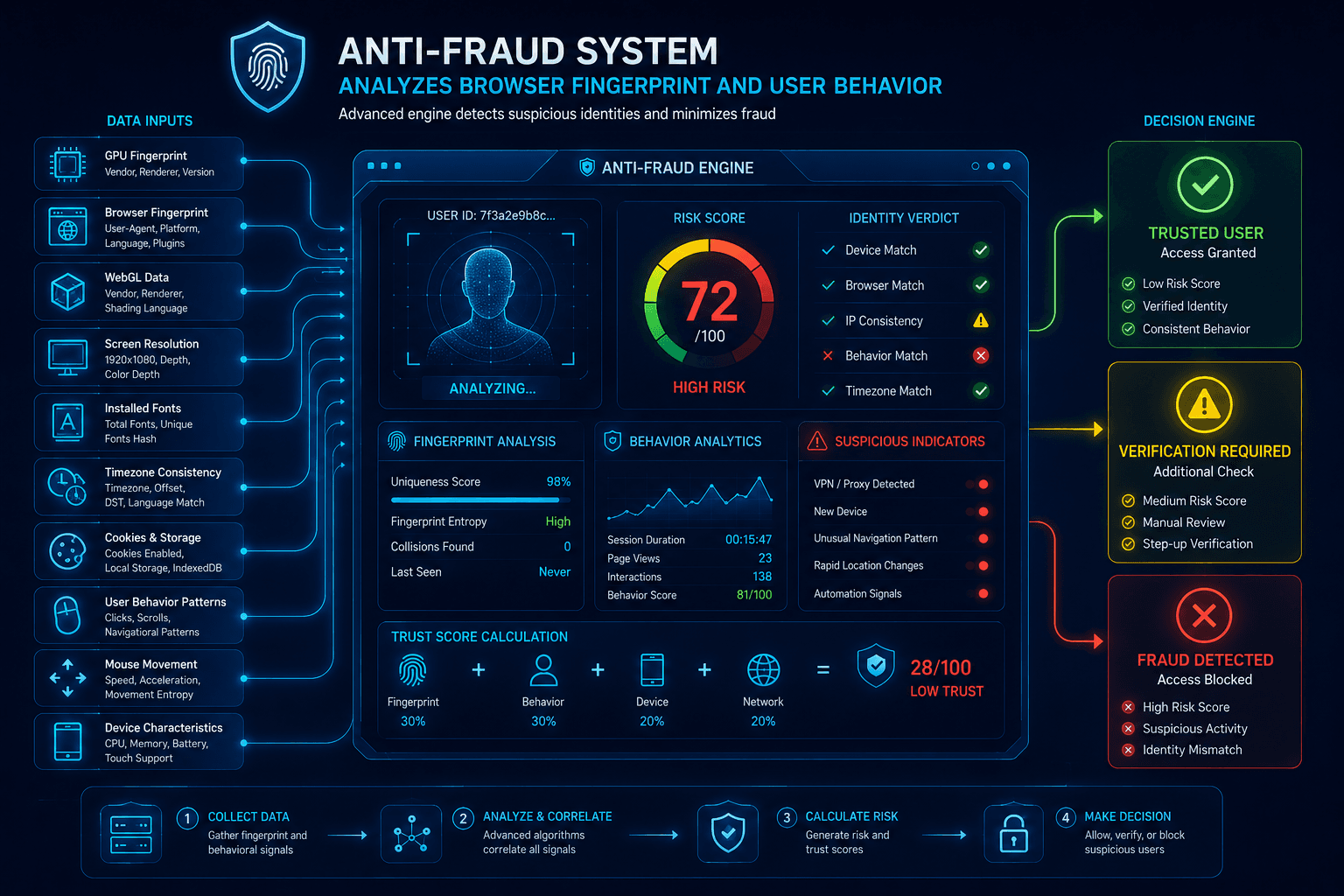 Anti-fraud platform analyzing browser fingerprint and behavioral signals