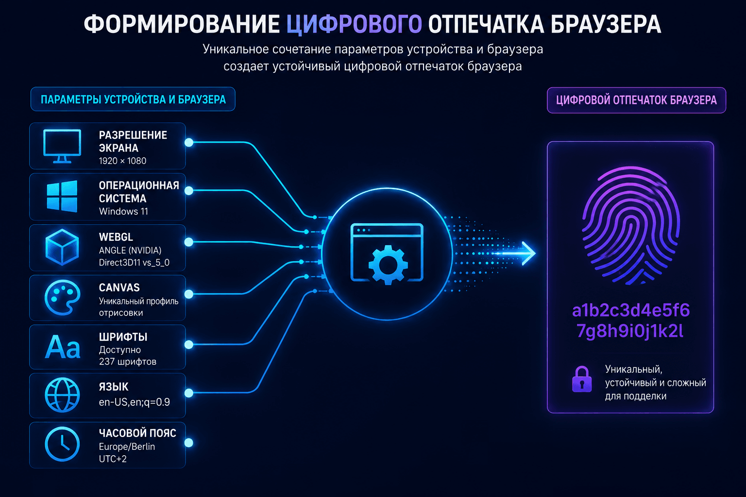 «Цифровой отпечаток» браузера, сформированный на основе параметров устройства и браузера.