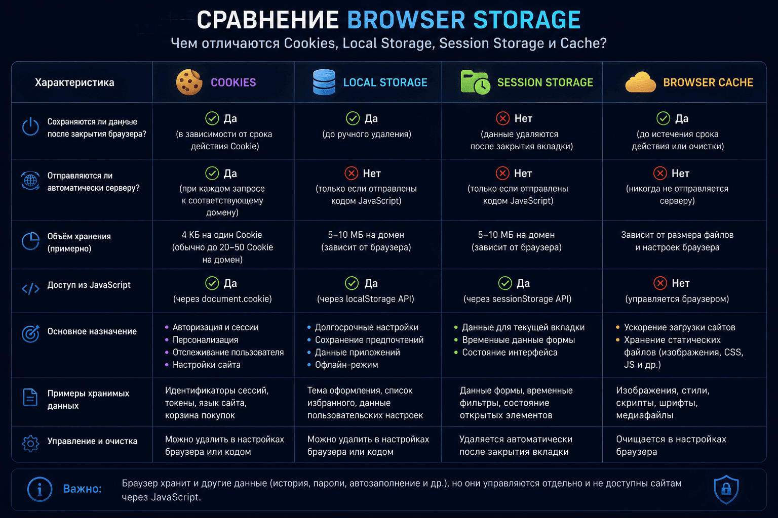Сравнительная таблица четырех основных механизмов хранения данных браузера.