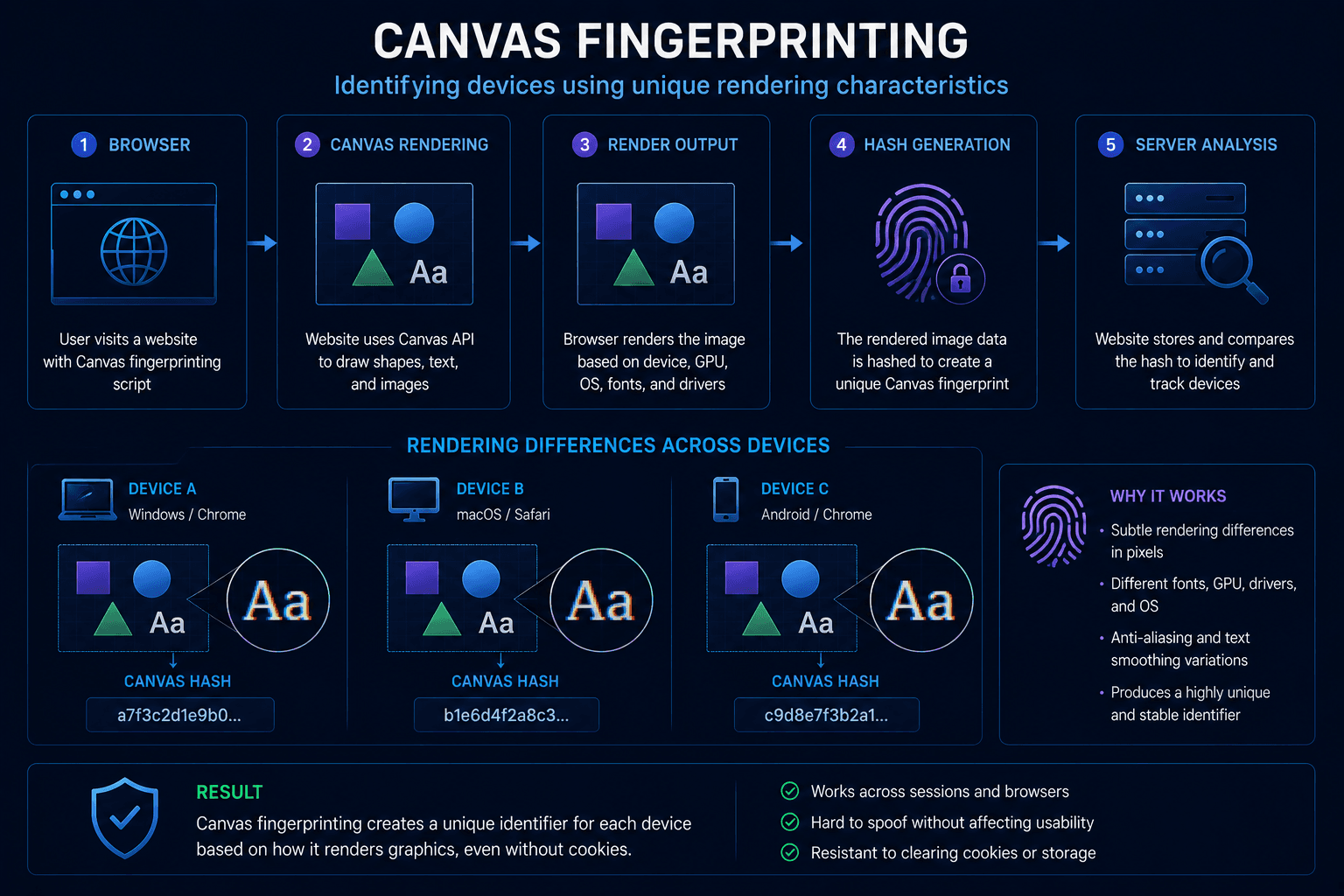 Canvas fingerprinting using browser rendering analysis