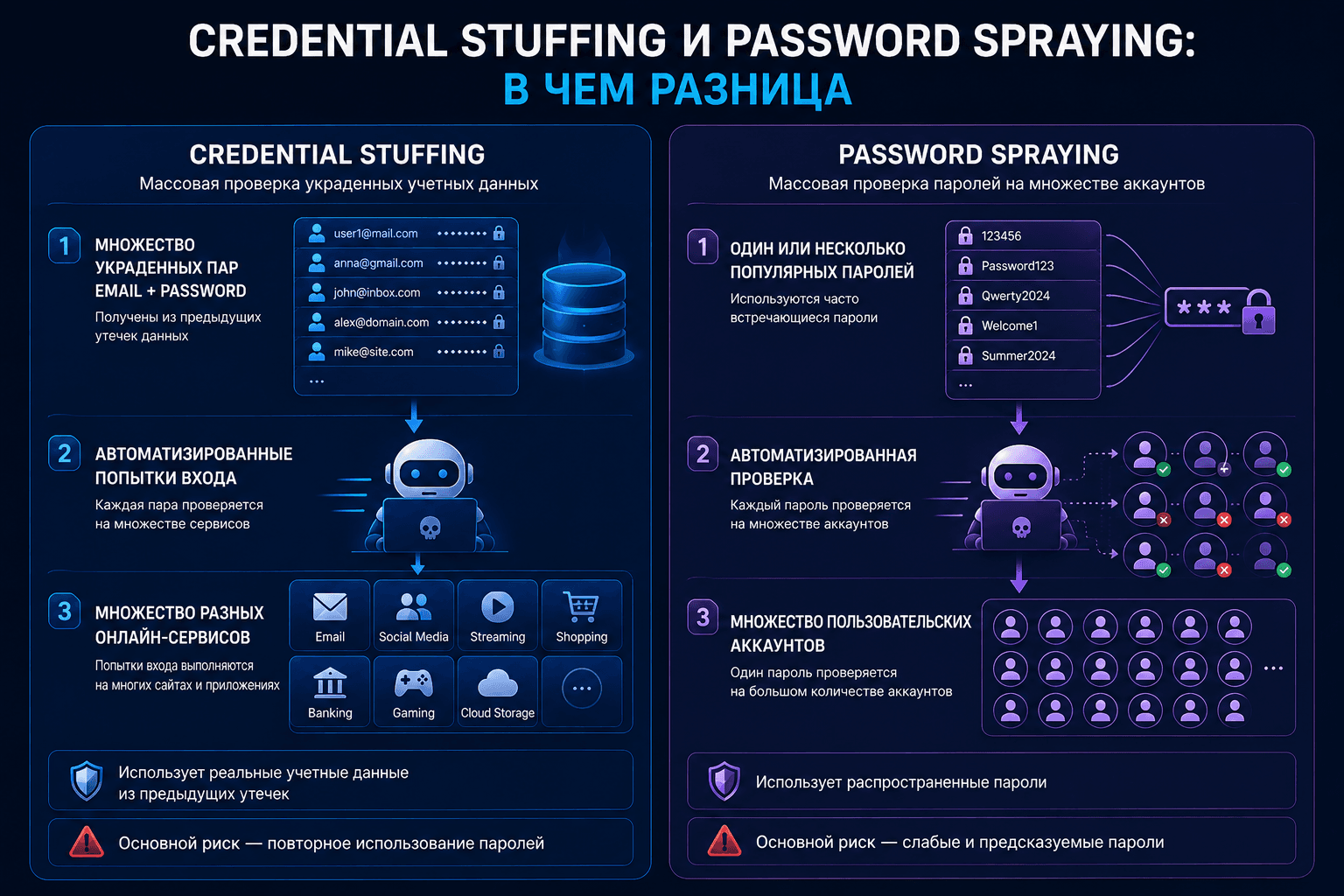 Сравнение Credential Stuffing и Password Spraying