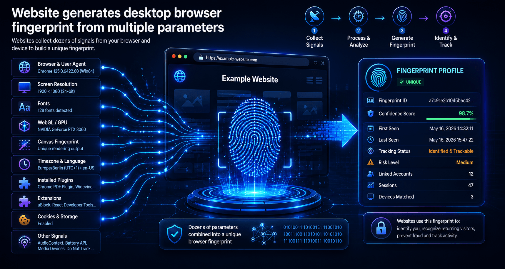 Website generating desktop browser fingerprint using multiple browser parameters