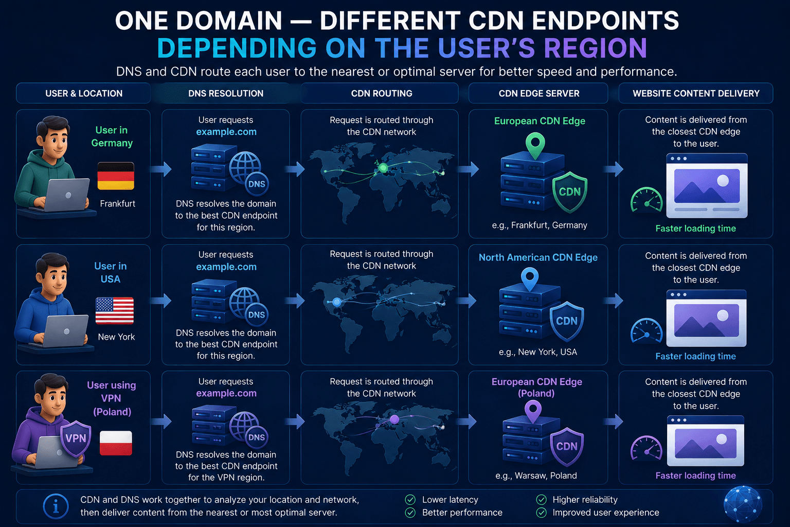 One domain resolving to different CDN endpoints depending on the user's region