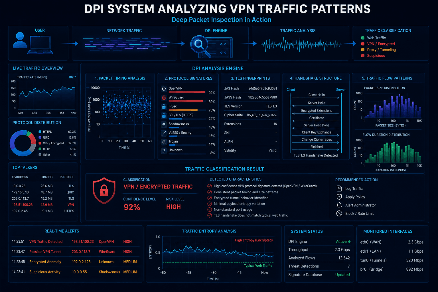 Deep Packet Inspection analyzing VPN traffic patterns