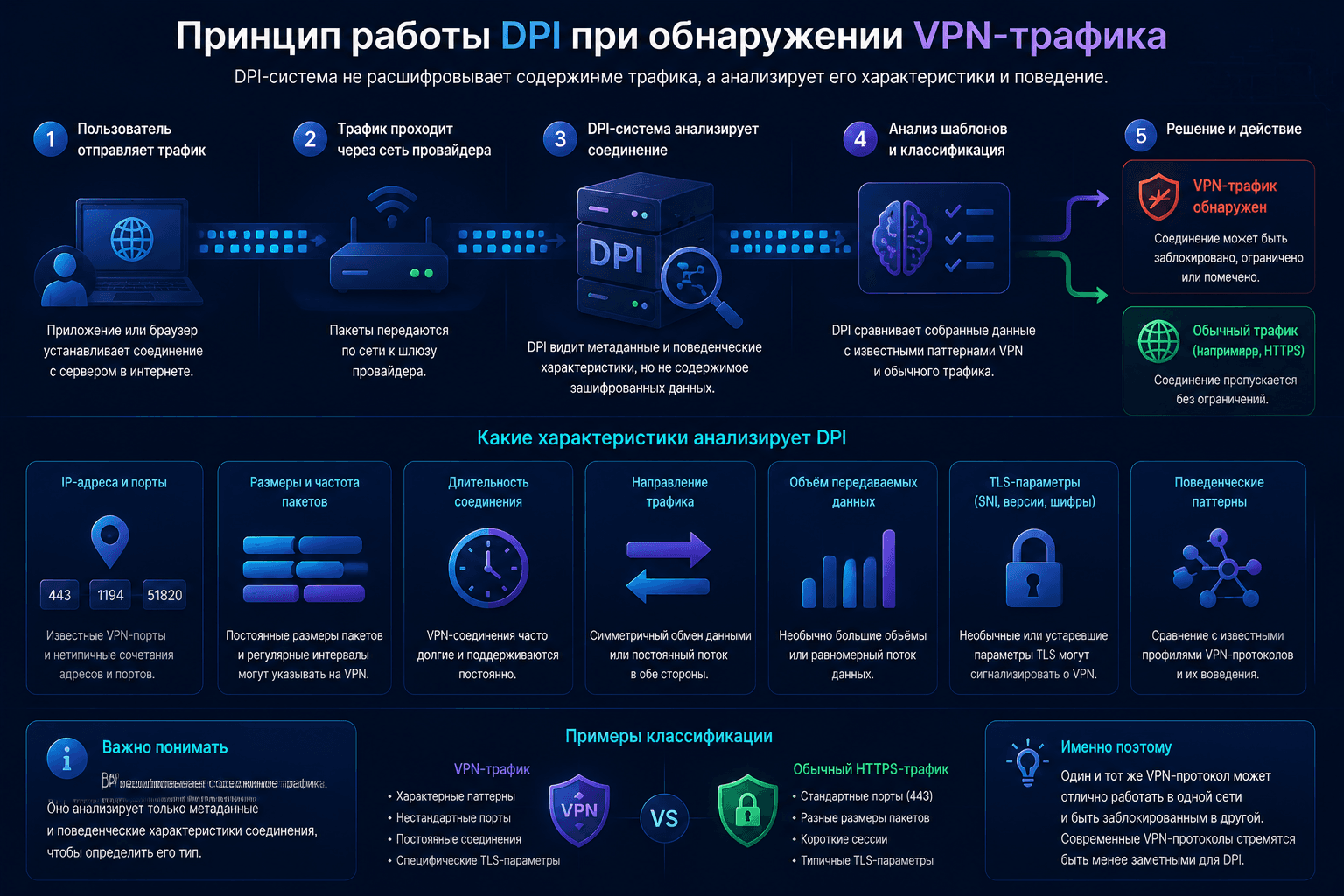 Принцип работы DPI при обнаружении VPN-трафика