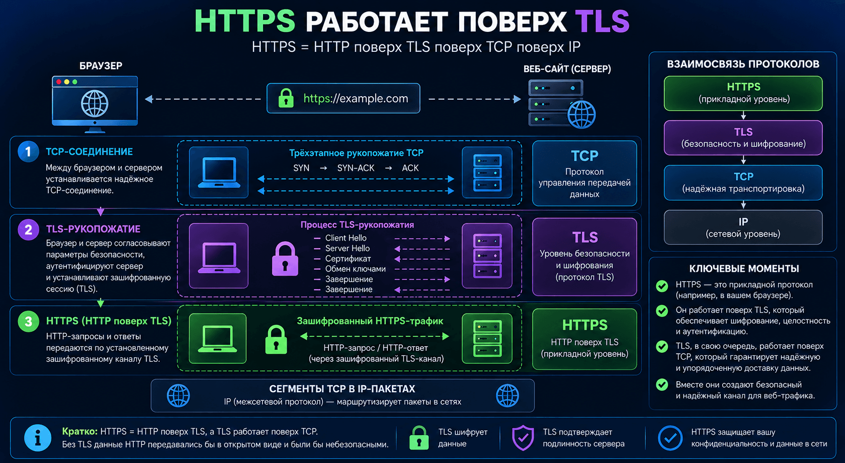 HTTPS использует защищённое TLS-соединение для передачи данных