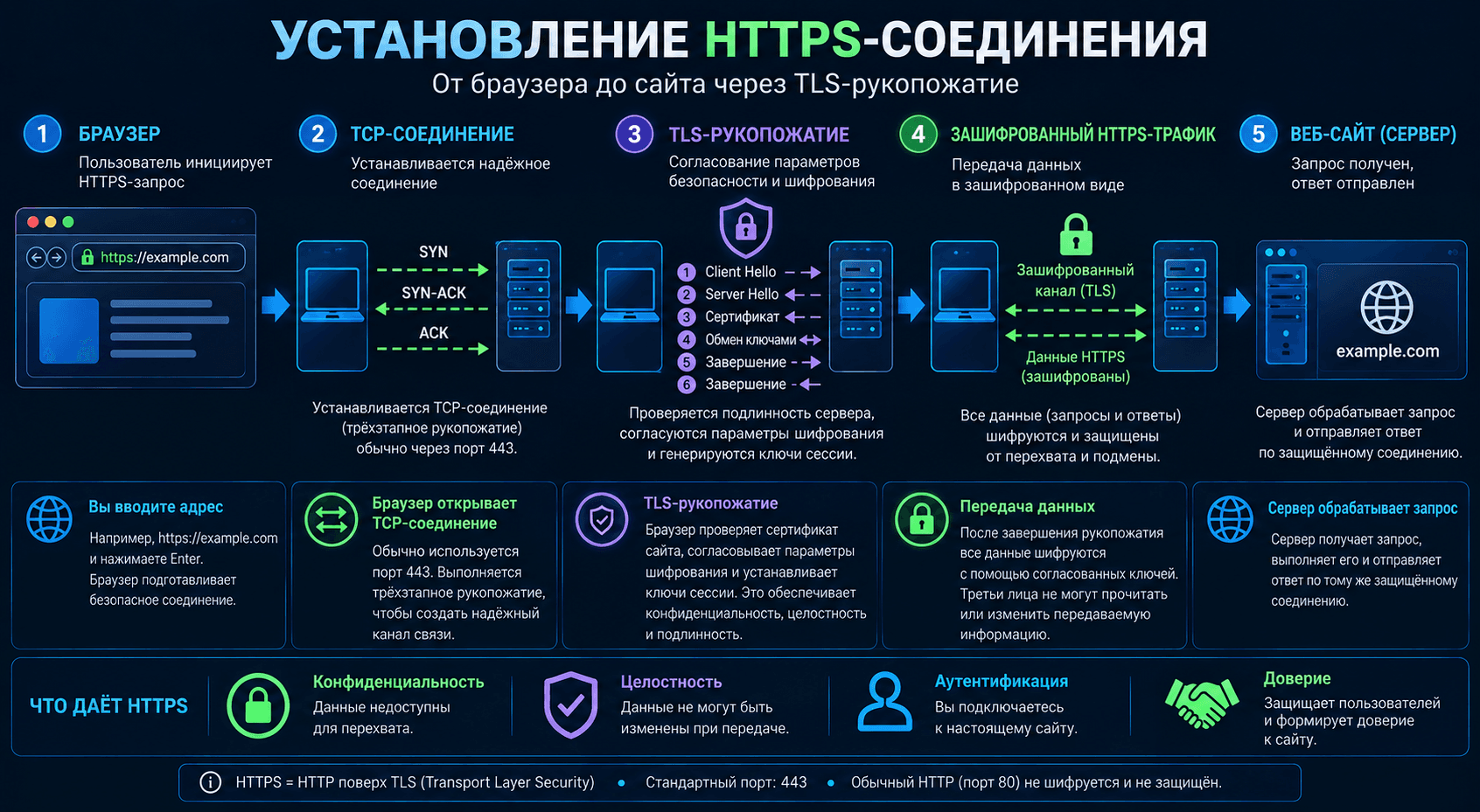 Установка HTTPS-соединения между браузером и сайтом через TLS Handshake