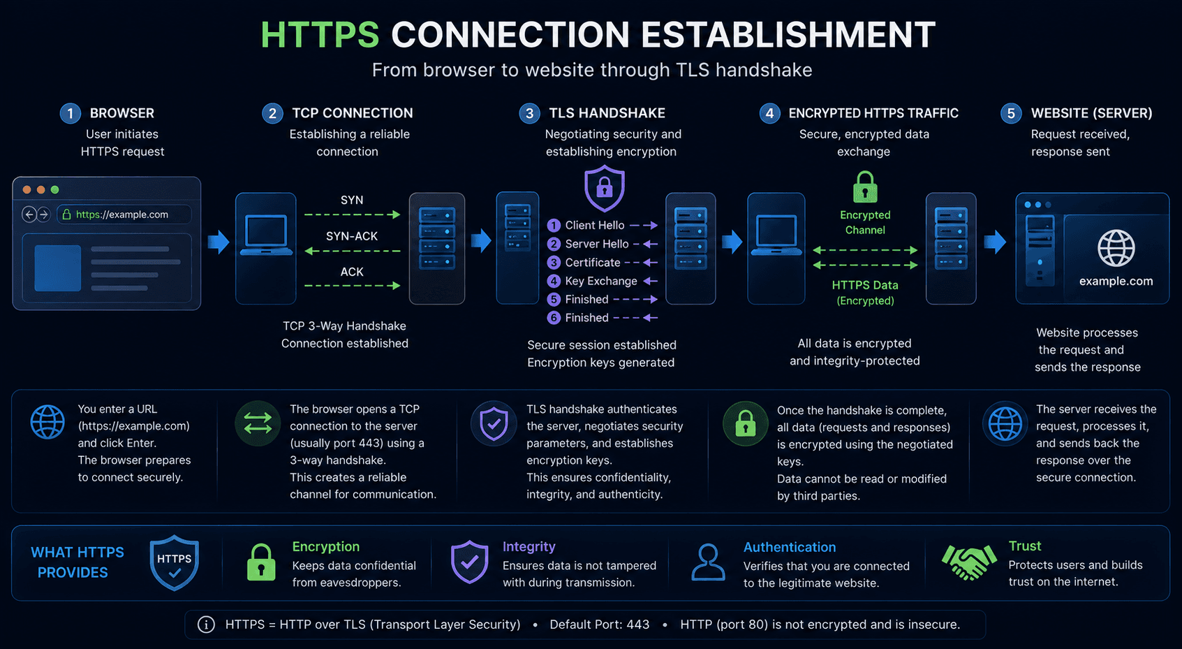 HTTPS connection establishment from browser to website through TLS Handshake