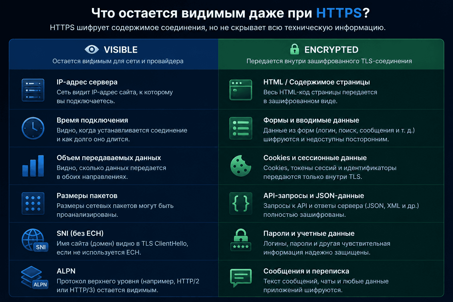 Сравнительная таблица, показывающая какие данные остаются видимыми при использовании HTTPS