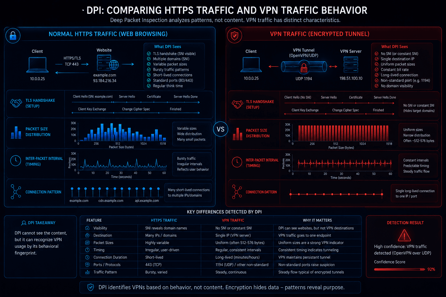 Comparison between normal HTTPS traffic and VPN traffic behavior