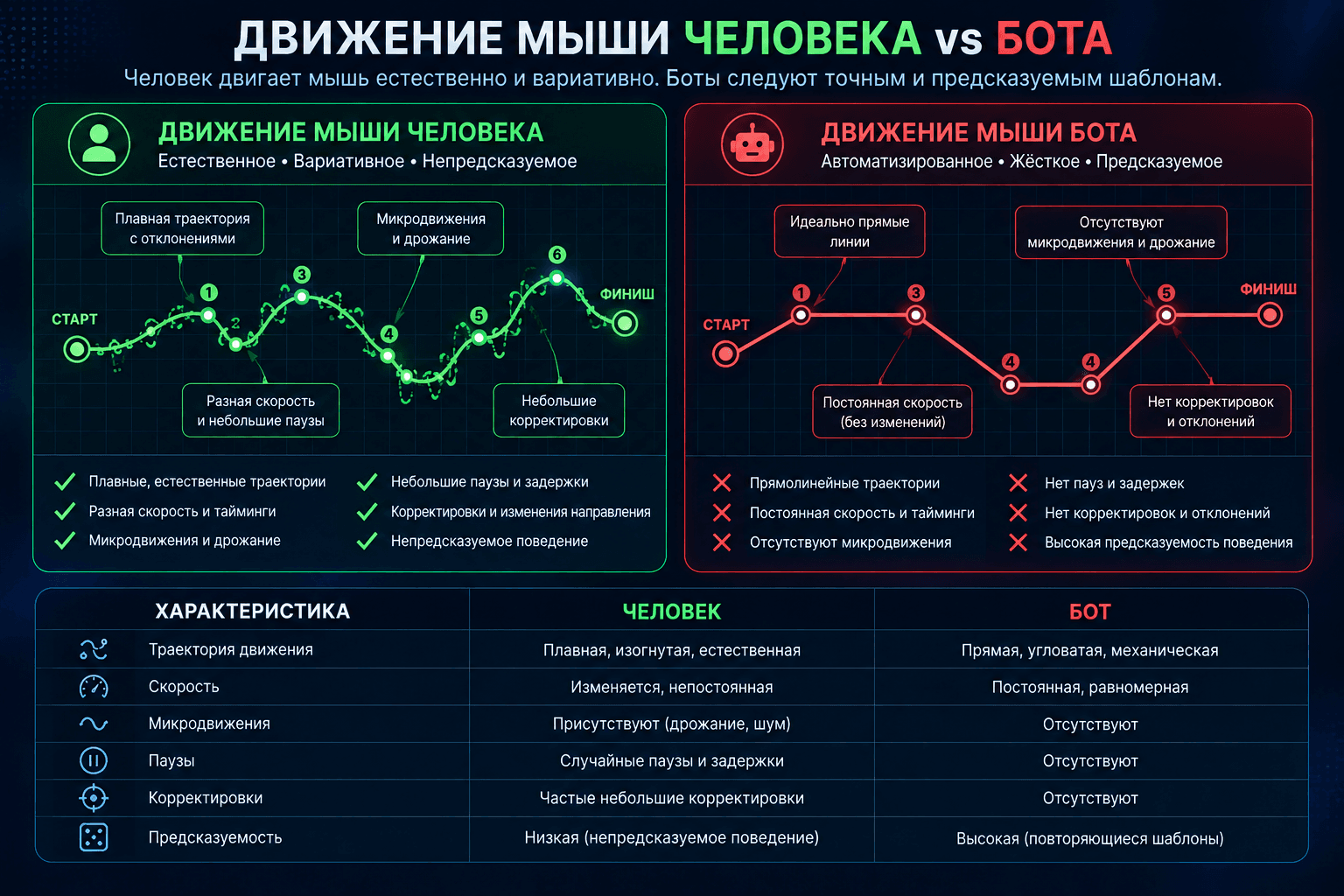 Сравнение движений курсора человека и автоматизированного бота.