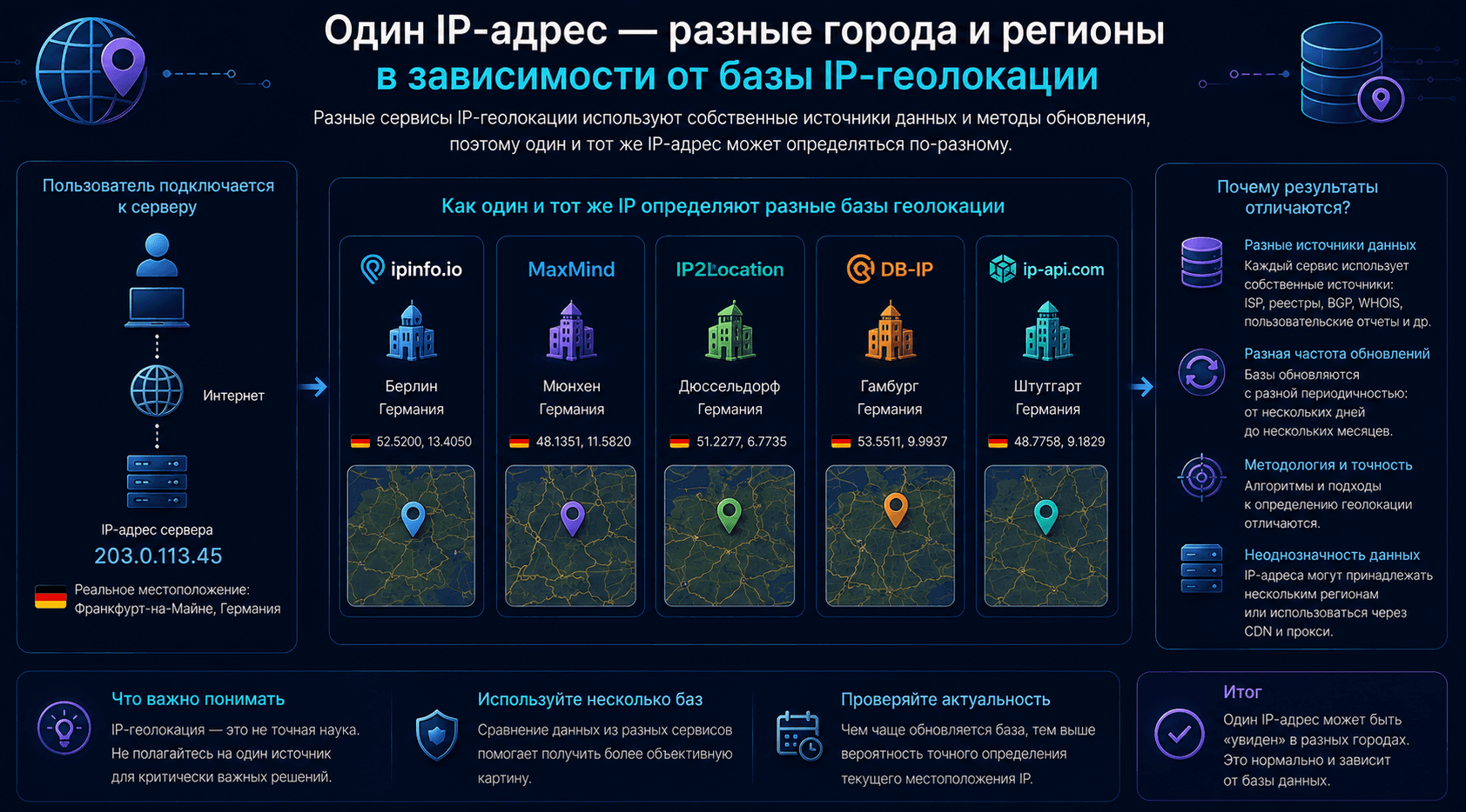 Один IP-адрес в разных базах IP-геолокации