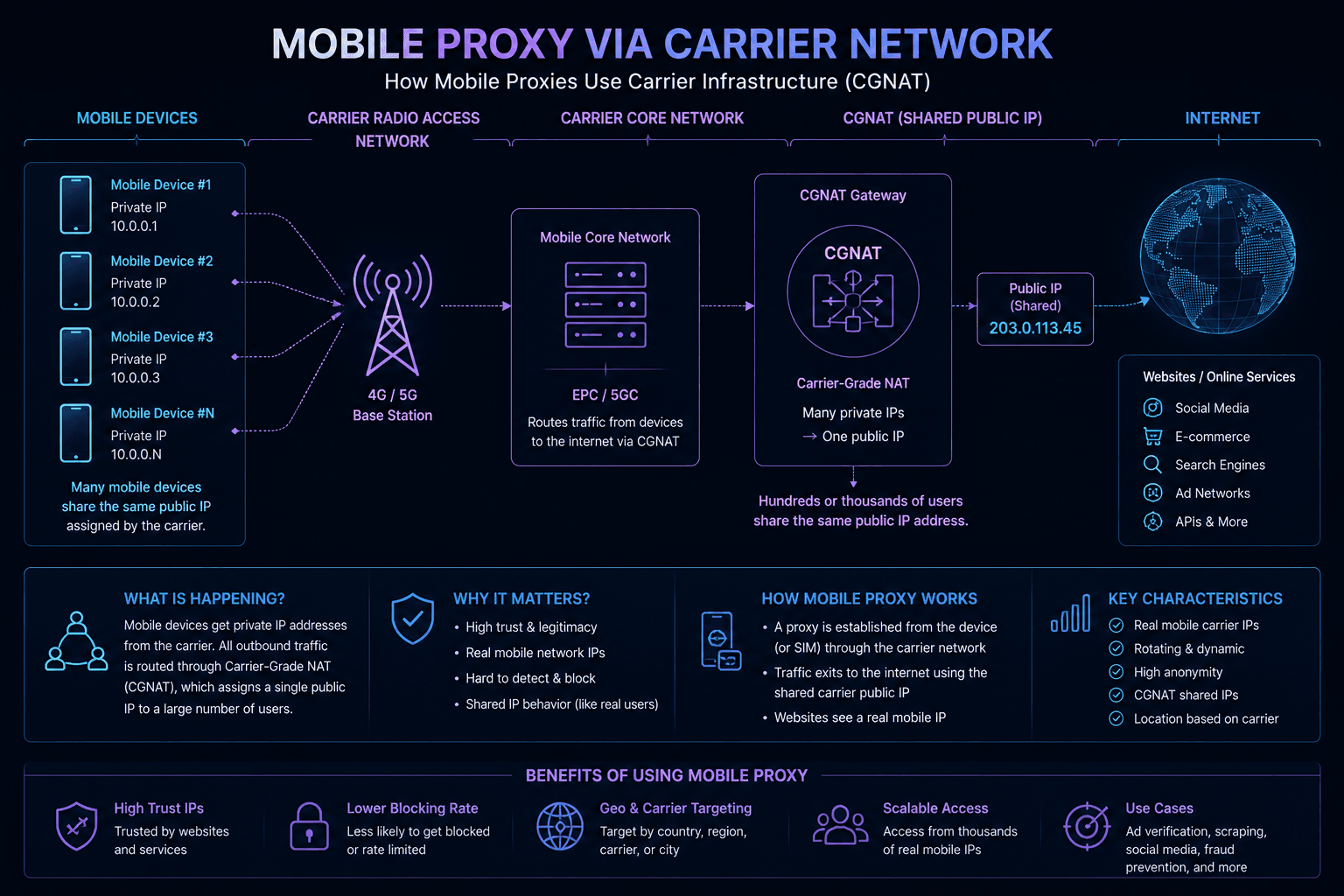 Mobile proxy using carrier network and CGNAT infrastructure