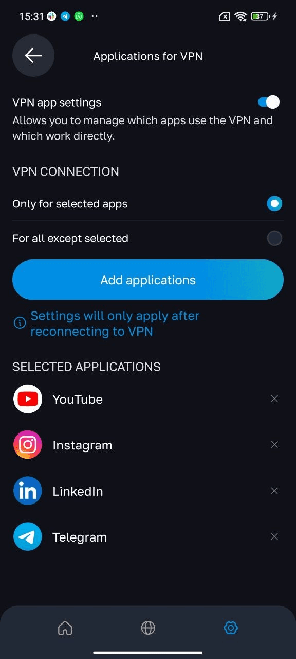 Android application selection for VPN Split Tunneling