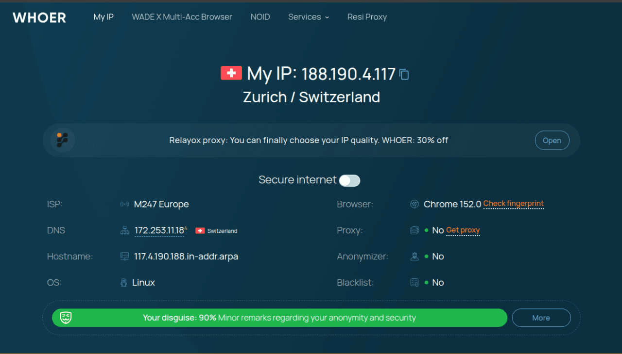 Checking VPN IP address and network characteristics using Whoer.net
