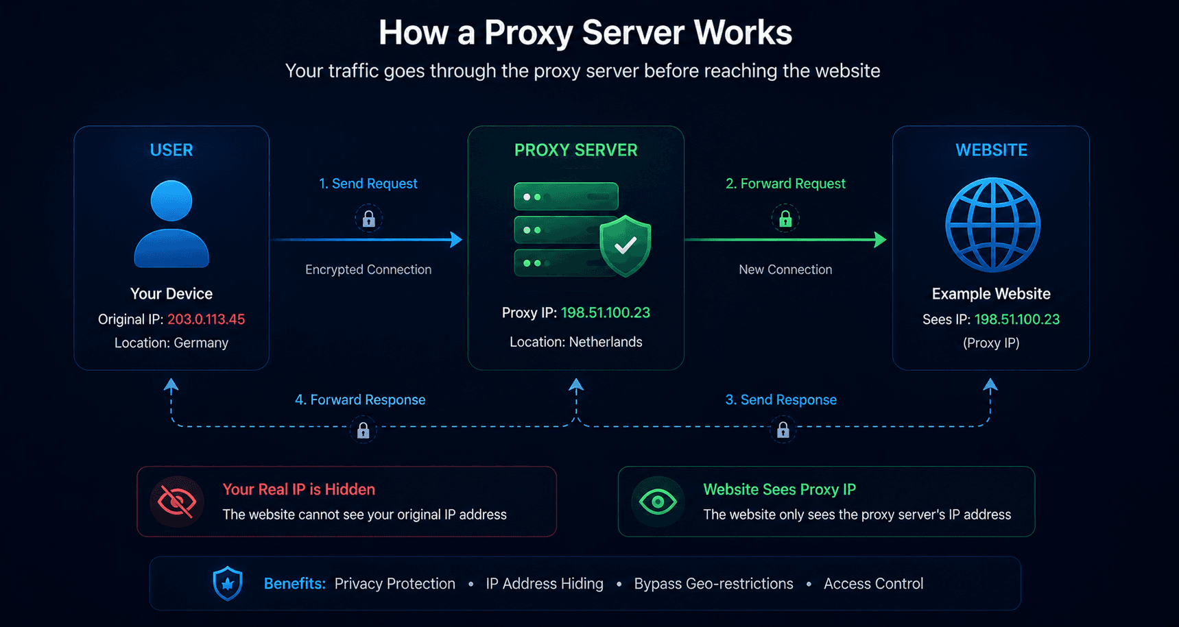 Proxy server routing traffic between user and website