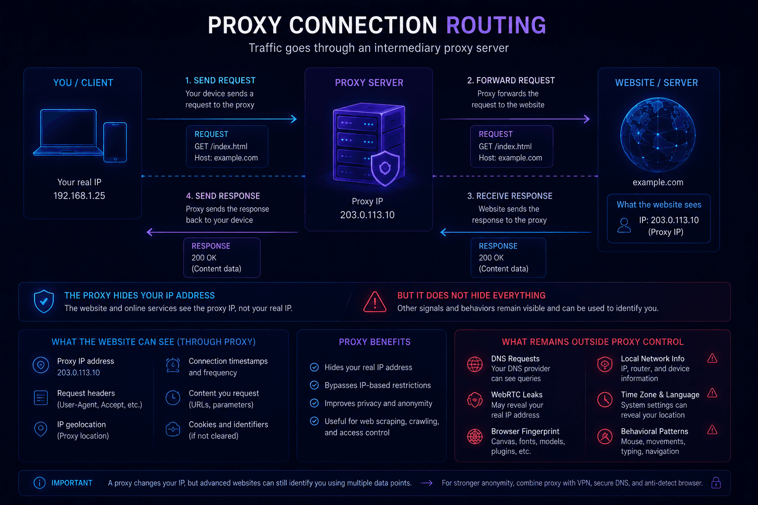 Proxy server forwarding traffic between user and website