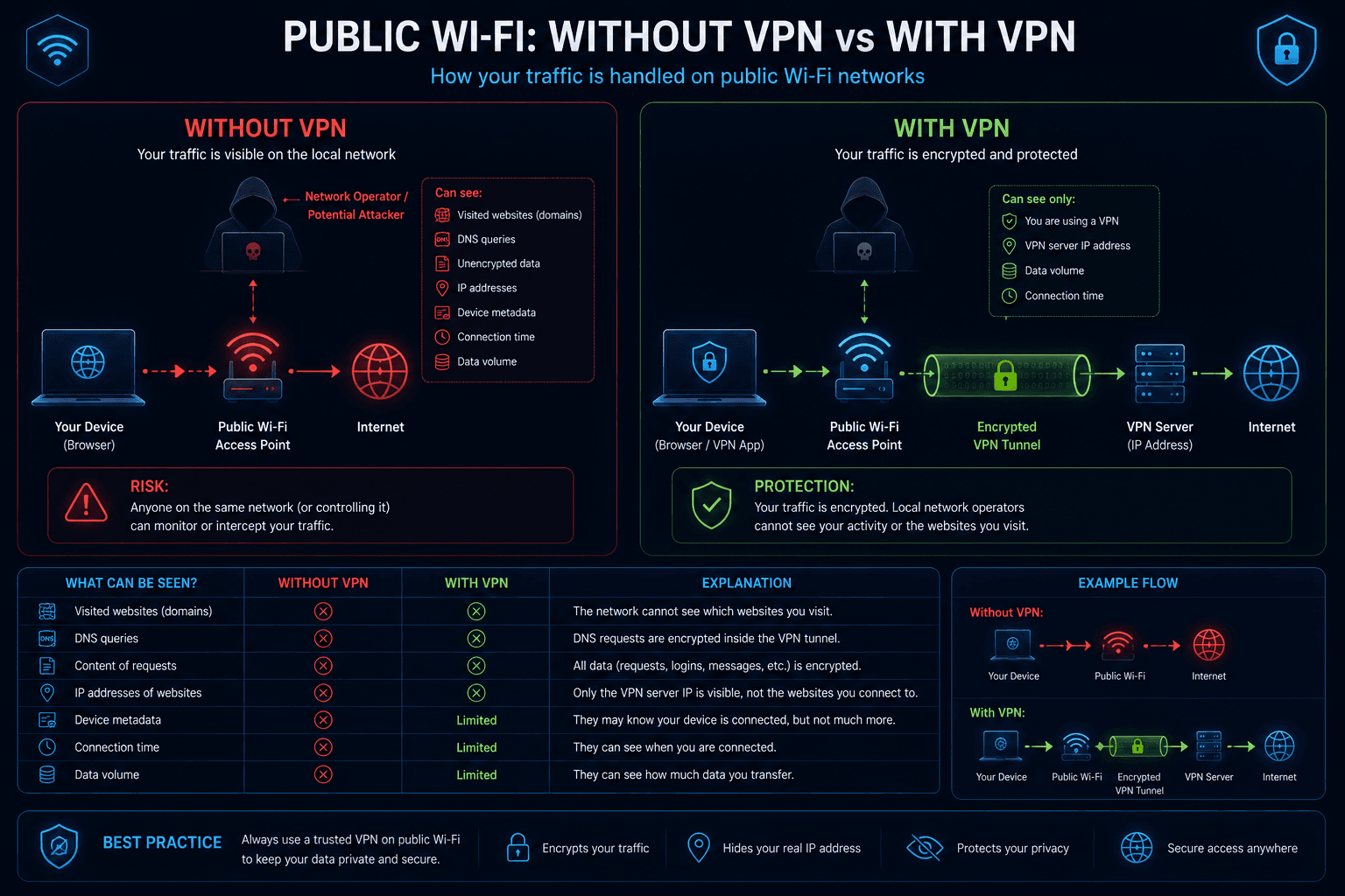 Comparison of public Wi-Fi traffic without VPN and through an encrypted VPN tunnel