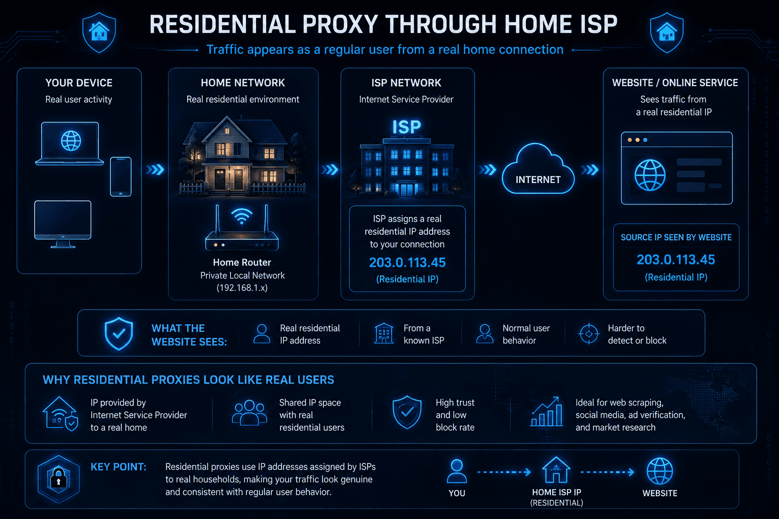 Residential proxy using ISP-issued residential IP address