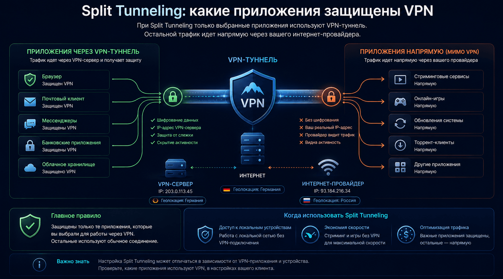 Какие приложения защищены VPN при Split Tunneling