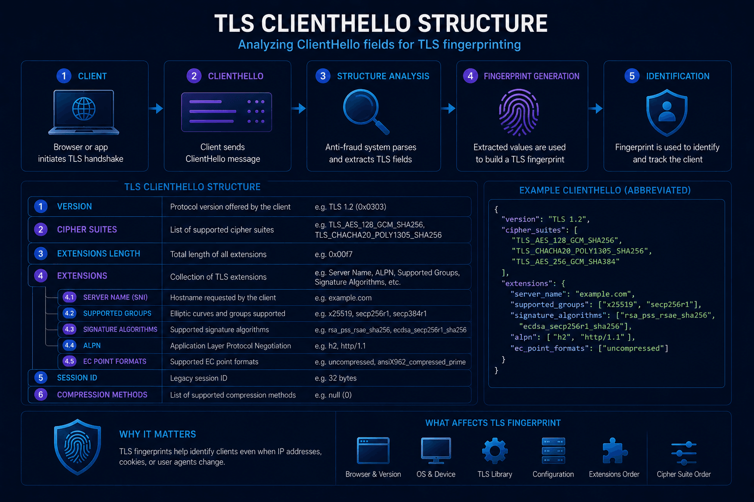 TLS ClientHello structure used for fingerprinting analysis