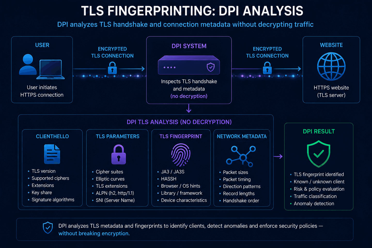 DPI system analyzing TLS connection fingerprints
