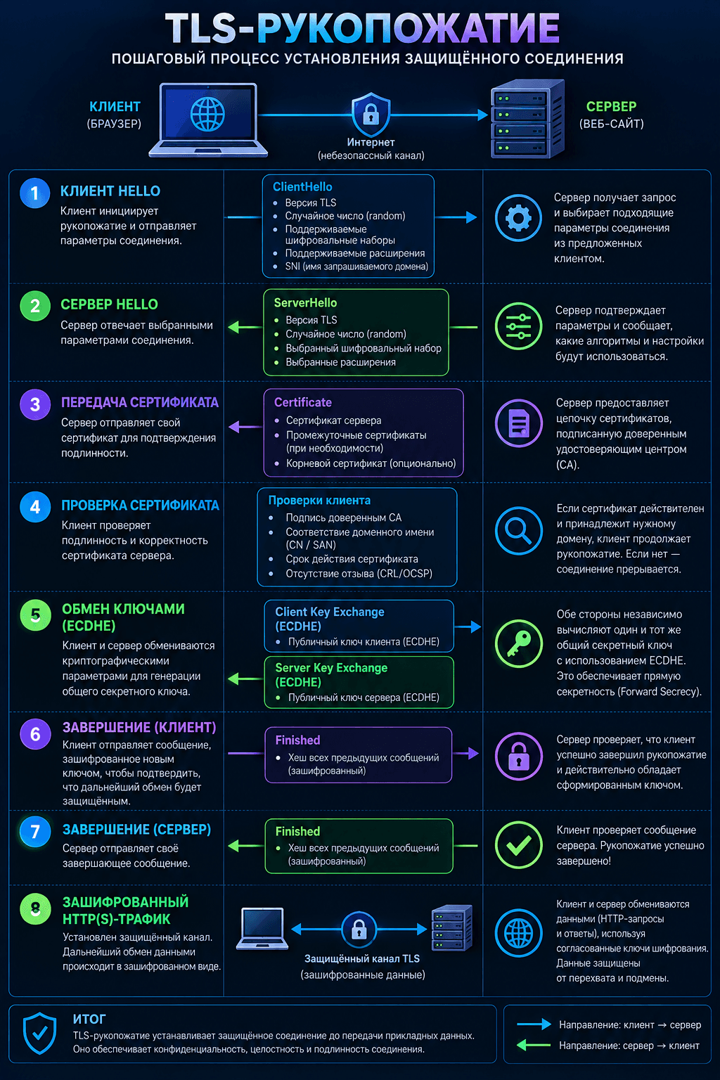 Этапы TLS Handshake — от ClientHello до защищённого HTTPS-соединения.