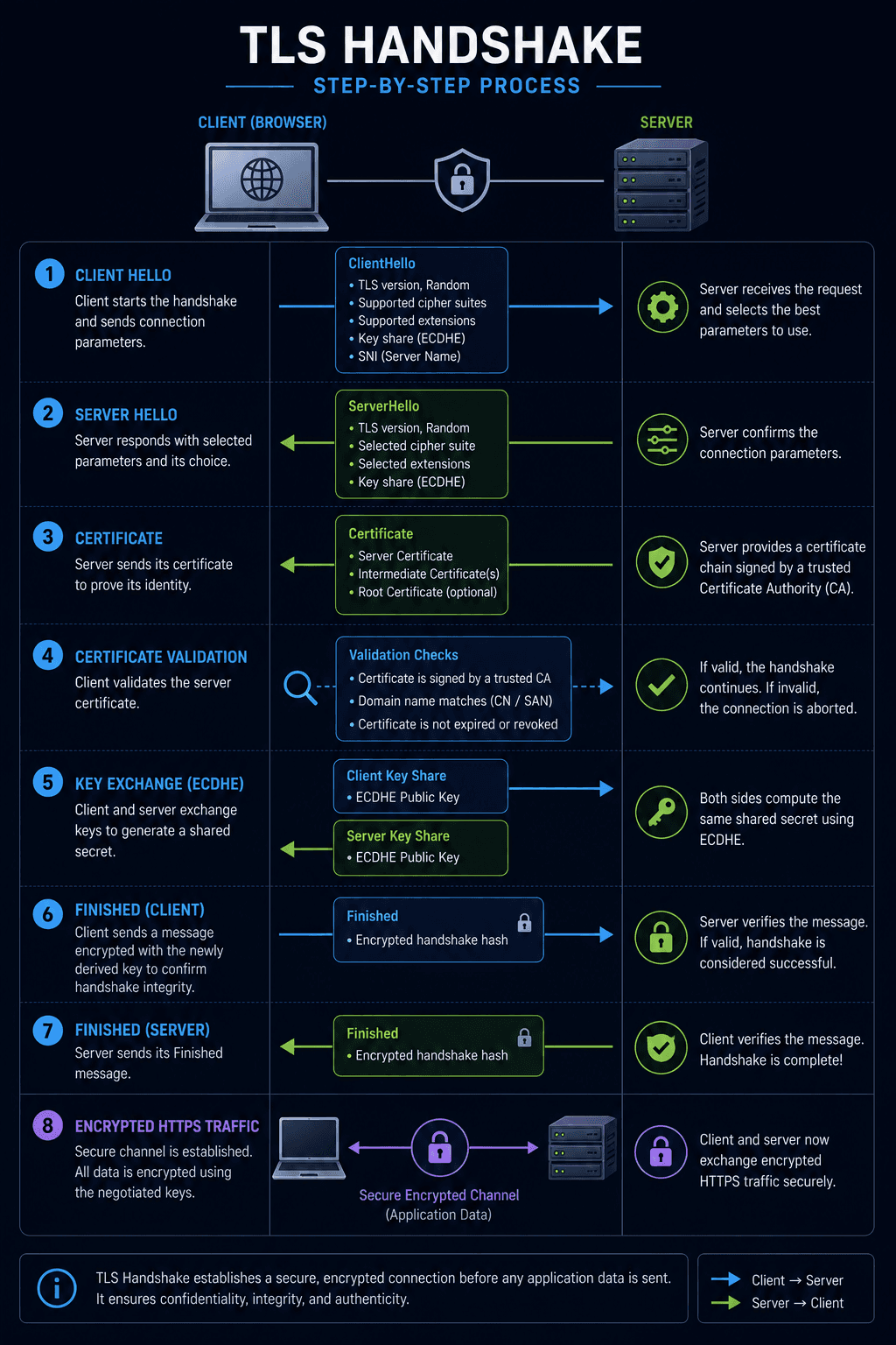 Step by step TLS Handshake process from ClientHello to encrypted HTTPS traffic