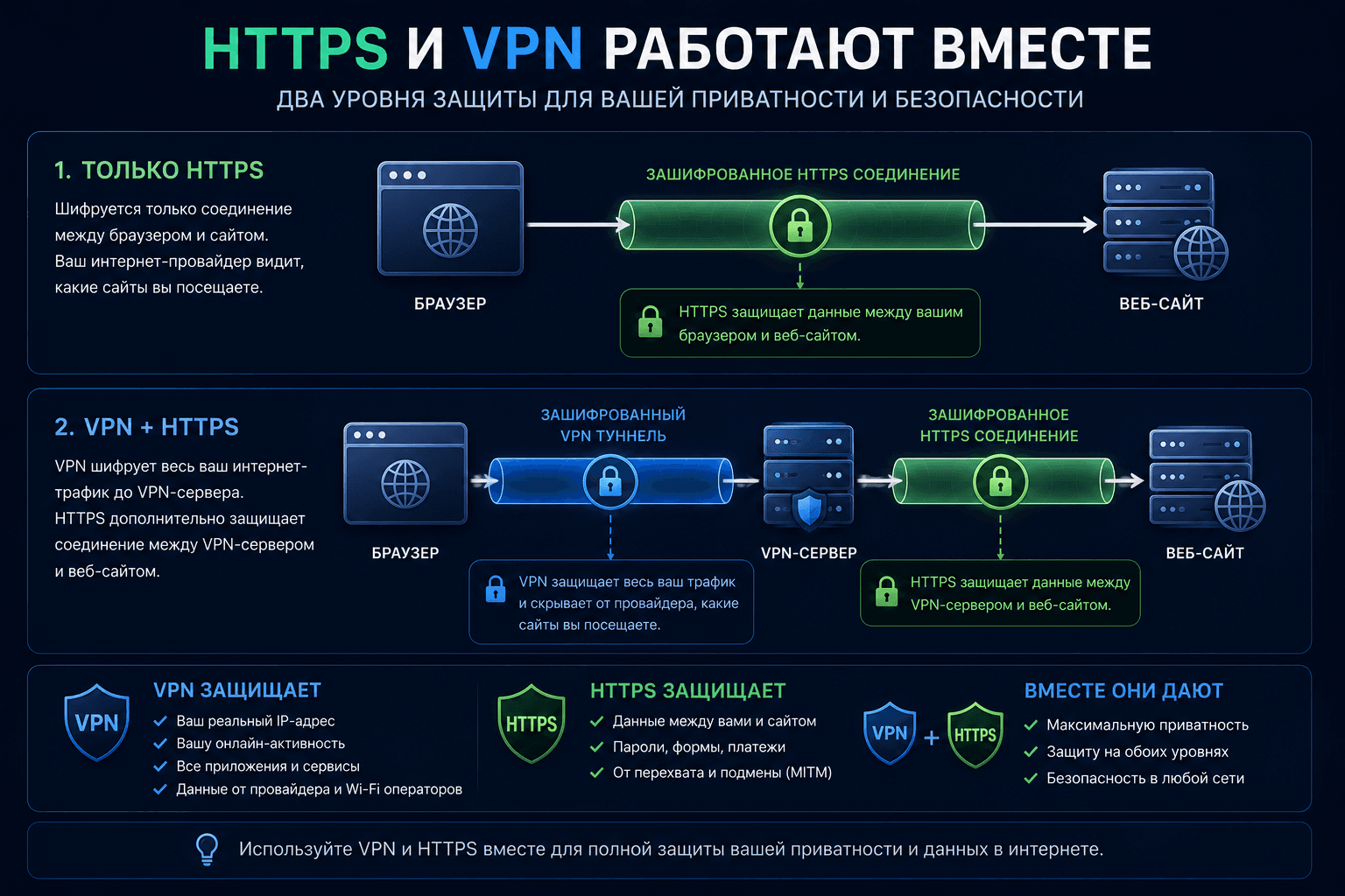 How VPN and HTTPS protect different parts of the connection